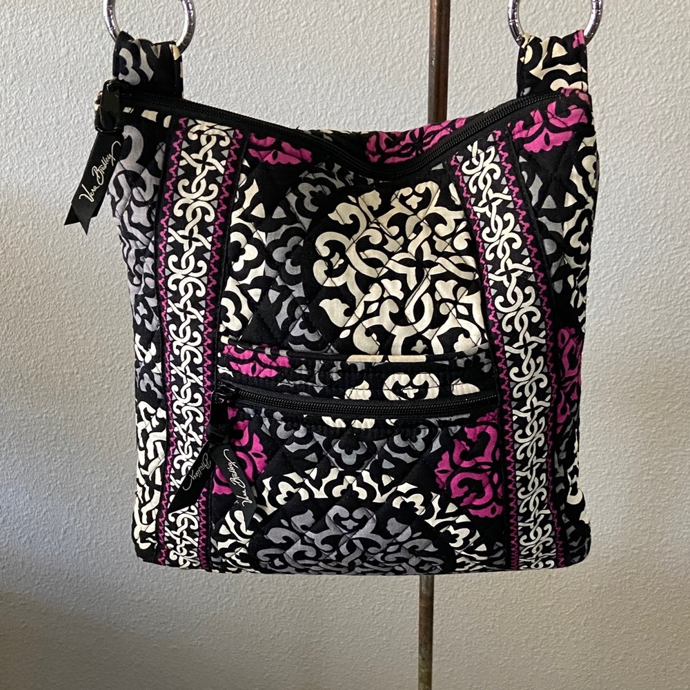 Vera Bradley Black Pink Scroll Crossbody Bag Quilted Cotton Purse